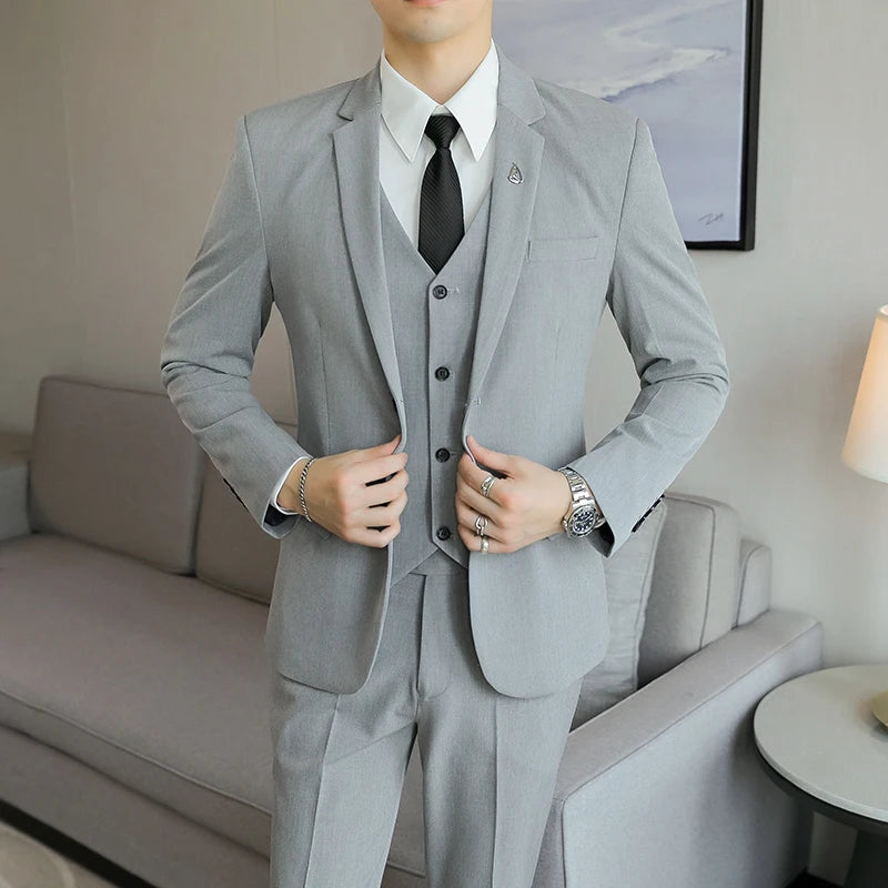 High-End Men's Wedding Suit 3-Piece Set Handsome Banquet Smart Casual Fashionable Three-Quarter Length Vest Trousers Four Season