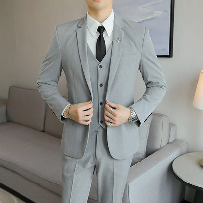 High-End Men's Wedding Suit 3-Piece Set Handsome Banquet Smart Casual Fashionable Three-Quarter Length Vest Trousers Four Season