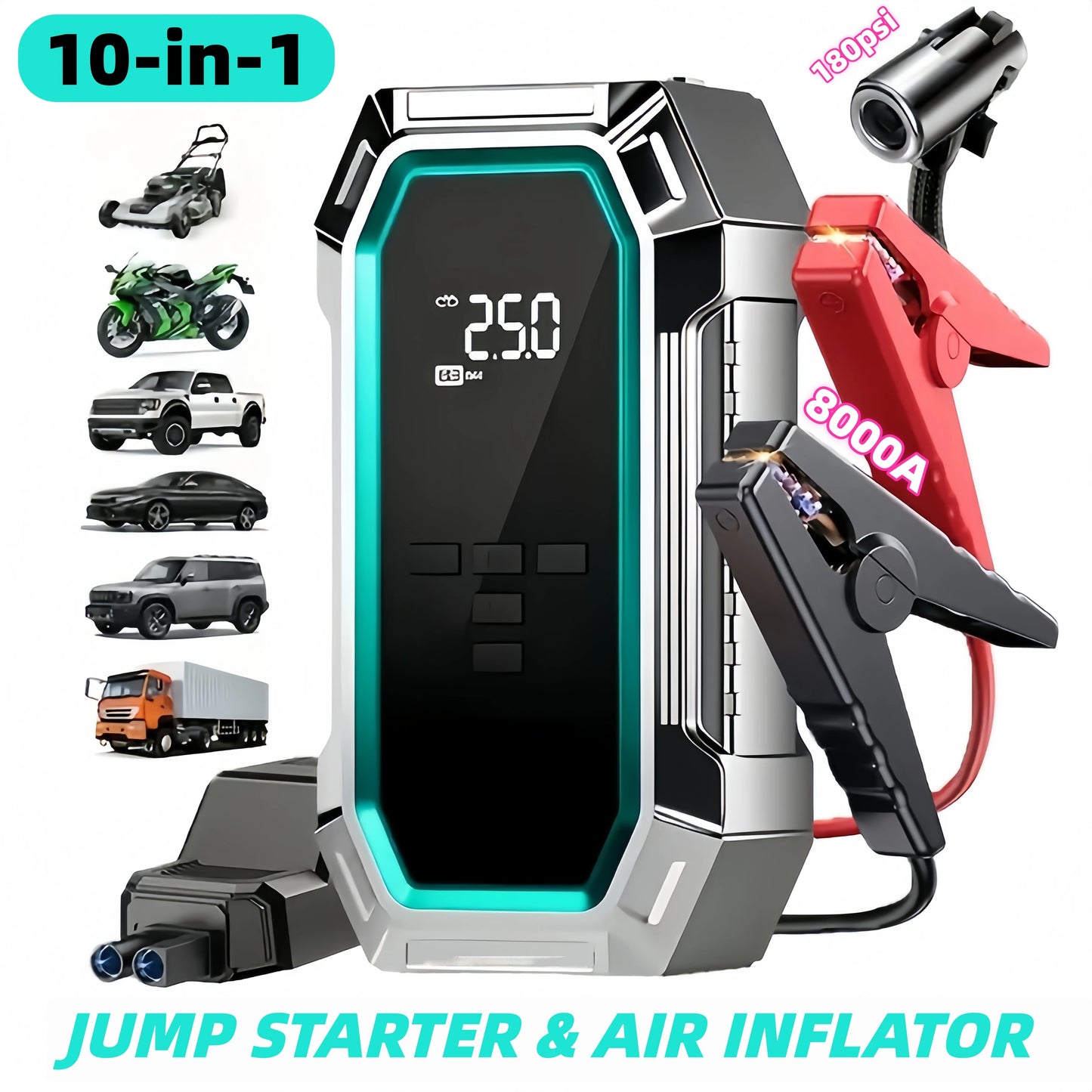Truck Jump Starter, 180Psi Tire Inflator Compressor, 8000A Emergency Start Power Bank