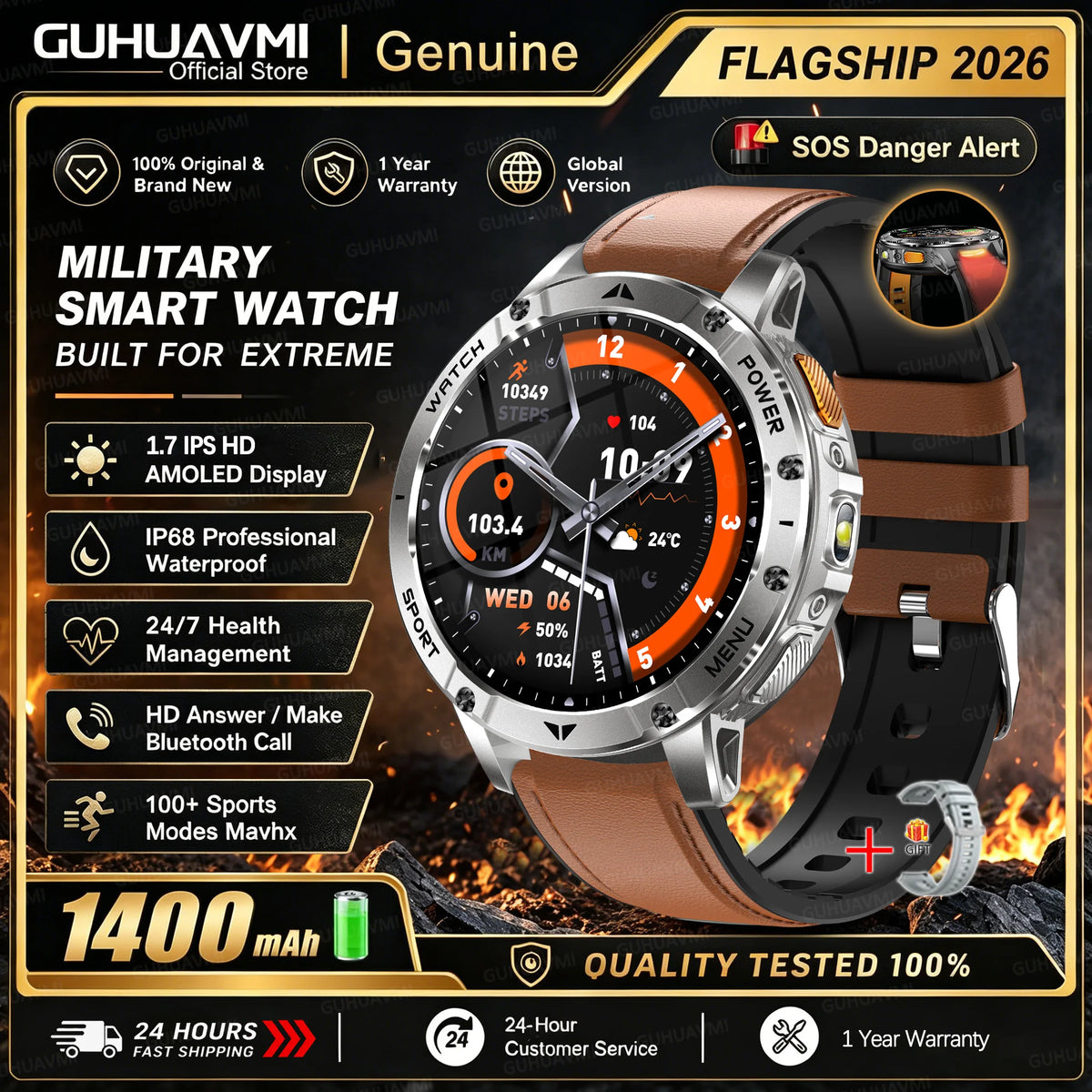 1400mAh Large Battery Military Smart Watch Men 1.7"HD Bluetooth Call 10ATM Waterproof LED Flash SOS Health Monitor Sport Watches