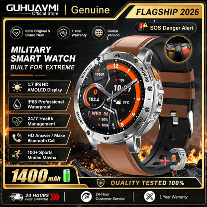 1400mAh Large Battery Military Smart Watch Men 1.7"HD Bluetooth Call 10ATM Waterproof LED Flash SOS Health Monitor Sport Watches