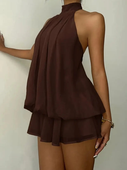 2026 Women's Elegant Halter Neck Sleeveless Ruffled Layered Chiffon Mini Dress Casual Summer Party Dress for Beach Vacation Y2K