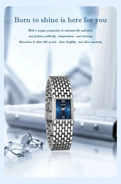 LIGE New Design Ladies Watch Fashion Quartz Wristwatch Silver Simple Square Women Watches Luxury Stainless Steel Folding Clock