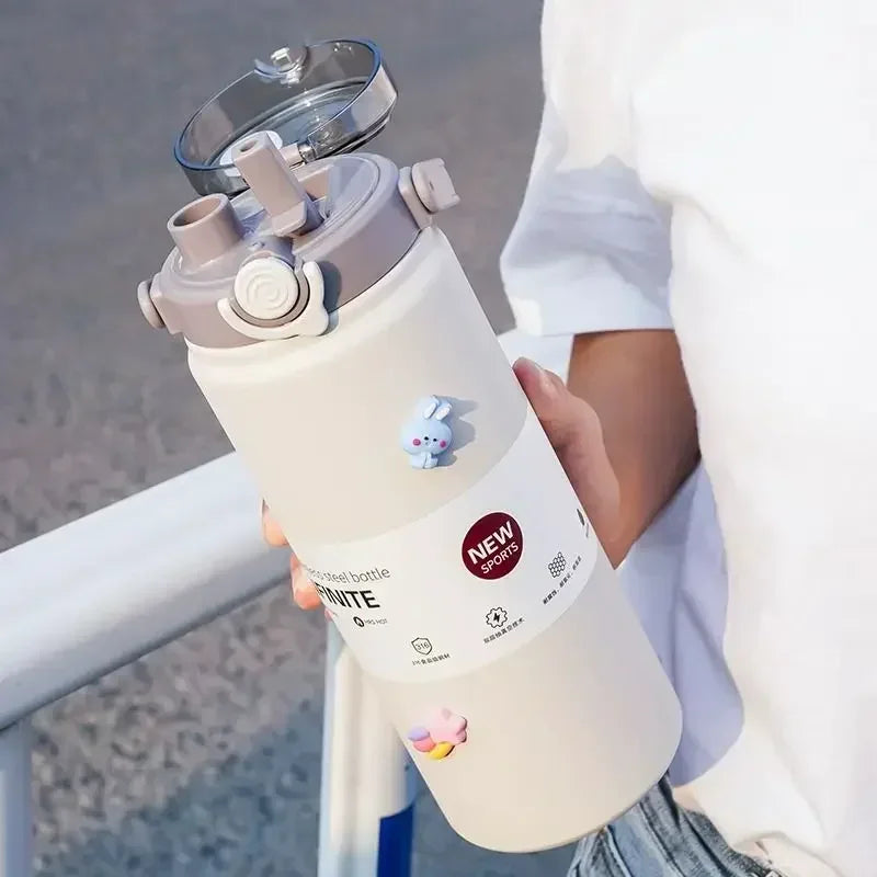 LUSQI Water Bottle Large Capacity 316 Stainless Steel Thermos With Handle & Straw For Outdoor