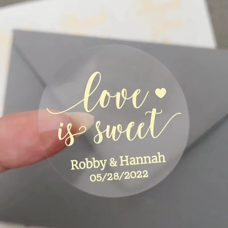 50pcs Custom Transparent Wedding Stickers, Square Transparent Stickers, Personalized Wedding Stickers with Gold Foil Labels