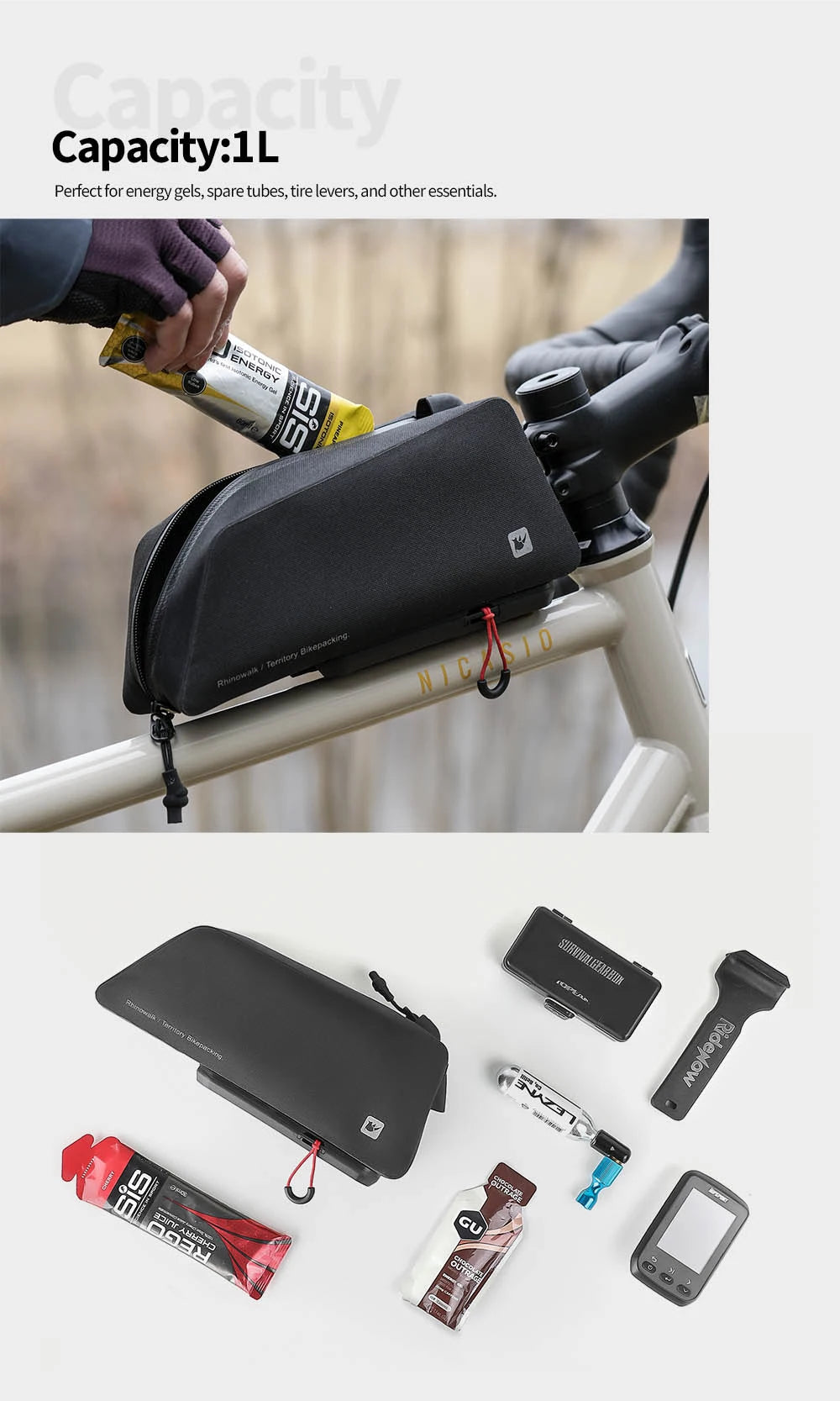 Rhinowalk Bicycle Front Top Tube Bag With Quick Release System & Internal Support Panel Waterproof Bike Cycling Frame Pack