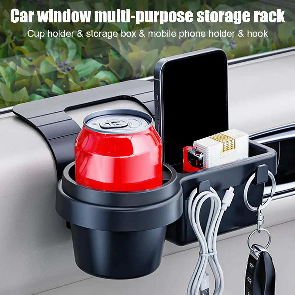 Car Door Side Window Organizer Hanging Storage Rack With Cup Holder & Phone Slot Durable Plastic Storage Auto Accessories