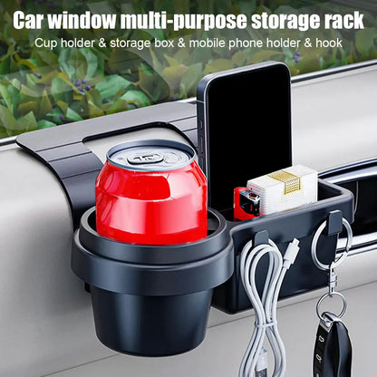 Car Door Side Window Organizer Hanging Storage Rack With Cup Holder & Phone Slot Durable Plastic Storage Auto Accessories