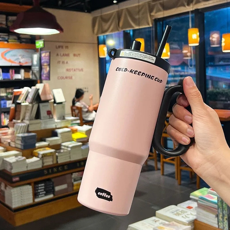 JUSTINLAU 750ml Insulated Cup Ice Tumbler 316 Stainless Steel Thermal Cups With Straw & Handle Cold Hot Outdoor Travel Car Cup
