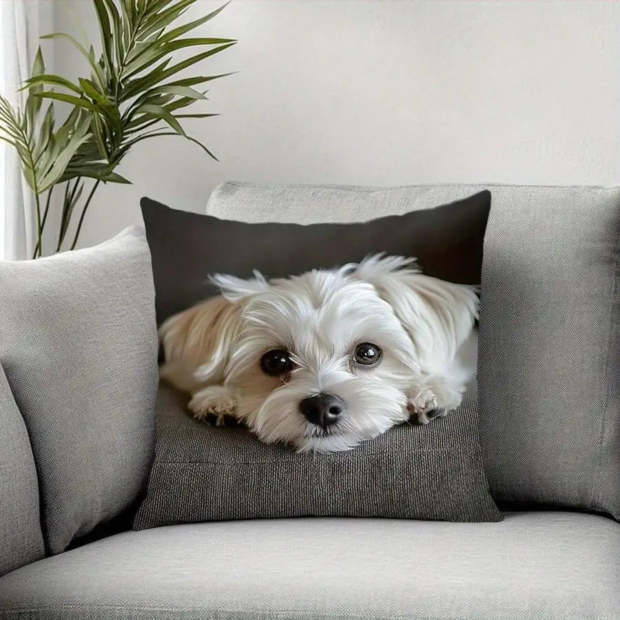 Cute Maltese Dog Cushion Cover White Puppy Realistic Animal Print Decorative Pillow Case Soft Home Decor for Living Room Bedroom