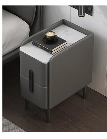 Moder Style Wooden Bedside Table Mini Narrow Leather Bedroom Nightstand Side Storage Cabinet with 2 Drawers Hotel End Table