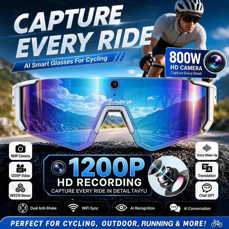 New AI Smart Glasses With Camera 1200P Video Recording Anti-Shake Shooting Sunglasses Bicycle Riding Windproof Goggles Men Women