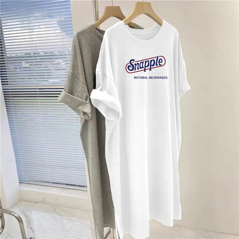 American Retro Letter Printed Plus Size Loose Short Sleeved Dress for Women