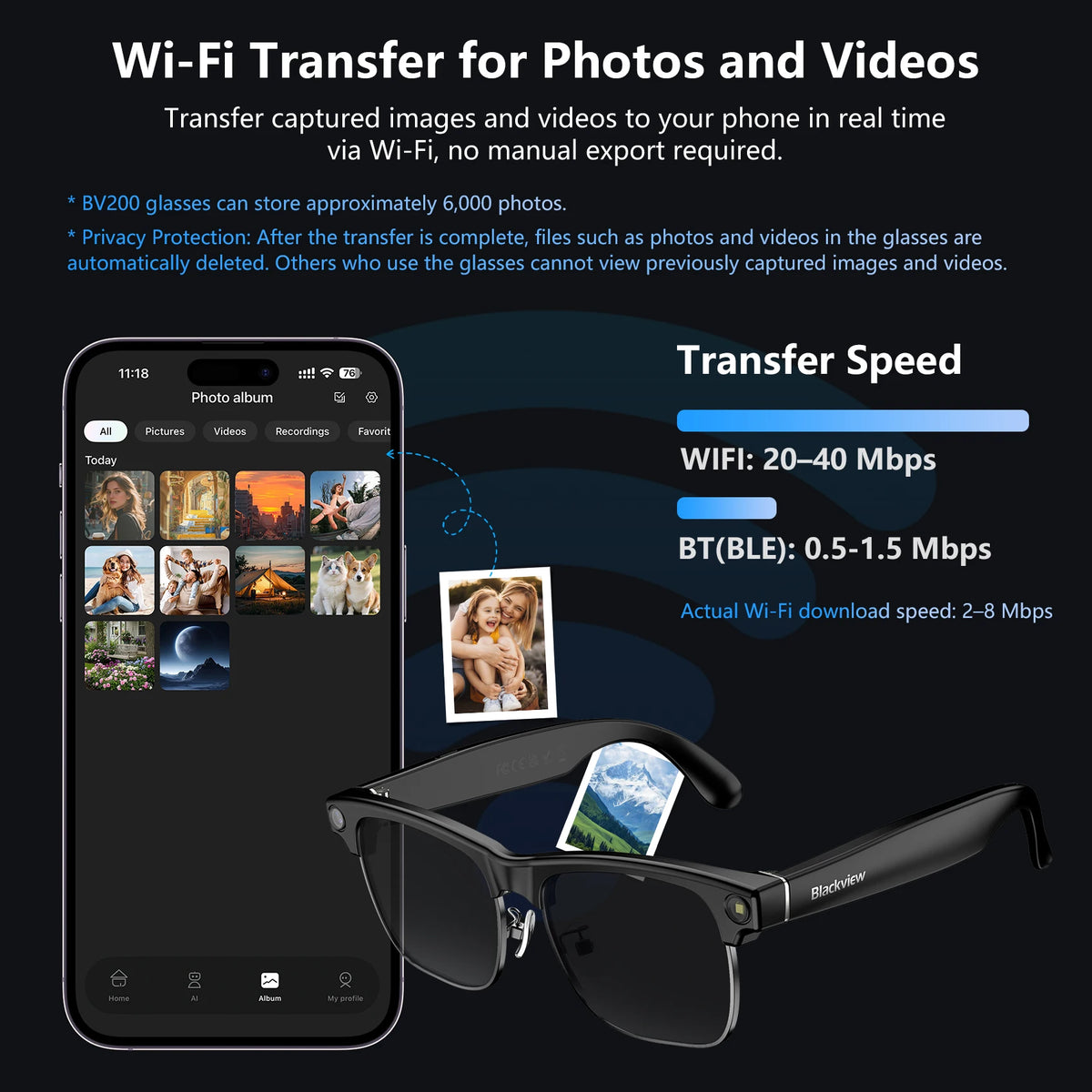 Blackview AI Smart Glasses 1200W 4K HD Camera Glasses Electronics Bluetooth Call AI Translation Voice Assistant Stereo Speaker