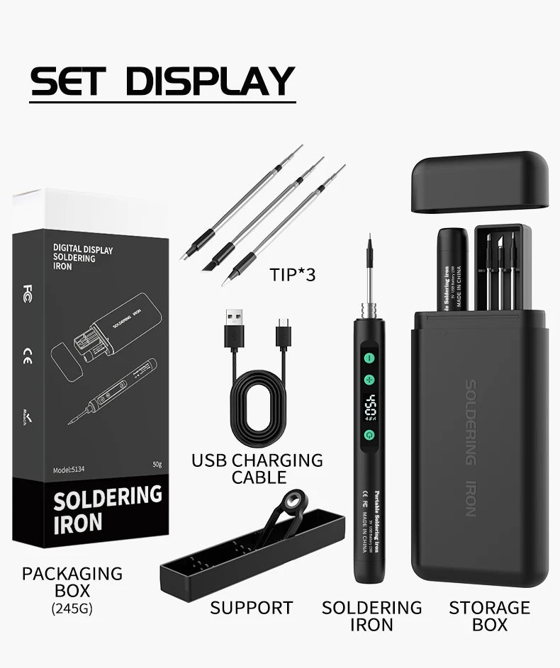 New Cordless USB Soldering Iron 1100mAh Rechargeable Digital Display Adjustable Temperature Portable Welding Iron Kit with 3 Tip
