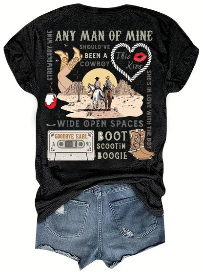 Western Country Music Women's Tee - Cowboy Retro Graphic Black Top