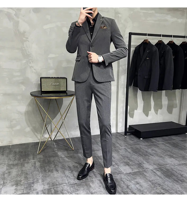High quality Korean slim fit (suit + trousers) Fashion business handsome casual solid color wedding suit two-piece set