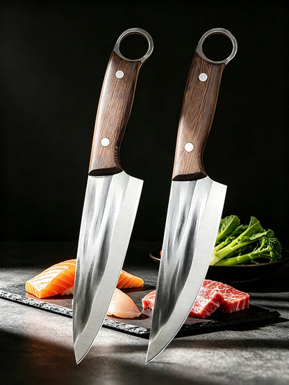 Kitchen Chef Knife with Sheath Meat Cleaver Boning Slicing Sushi Fish Beef Cutting, Wood Handle ﻿