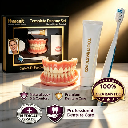 Flexible Moldable Silicone Denture Set, Upper Lower Natural Ivory False Teeth, Instant Smile with Free Toothbrush & Toothpaste
