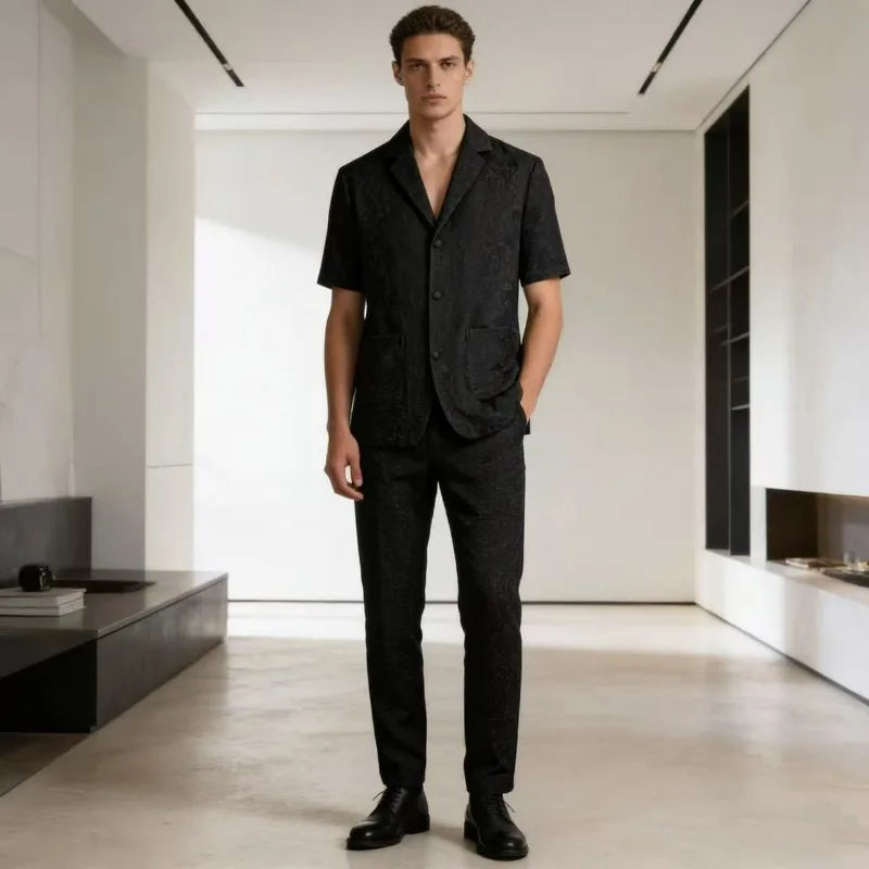 KIDWHXR Summer Man Suit Set Korean Thin Slim Short Sleeve Male 2-piece Outfit Men Single-breasted Blazer Elastic Waist Pant