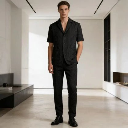 KIDWHXR Summer Man Suit Set Korean Thin Slim Short Sleeve Male 2-piece Outfit Men Single-breasted Blazer Elastic Waist Pant