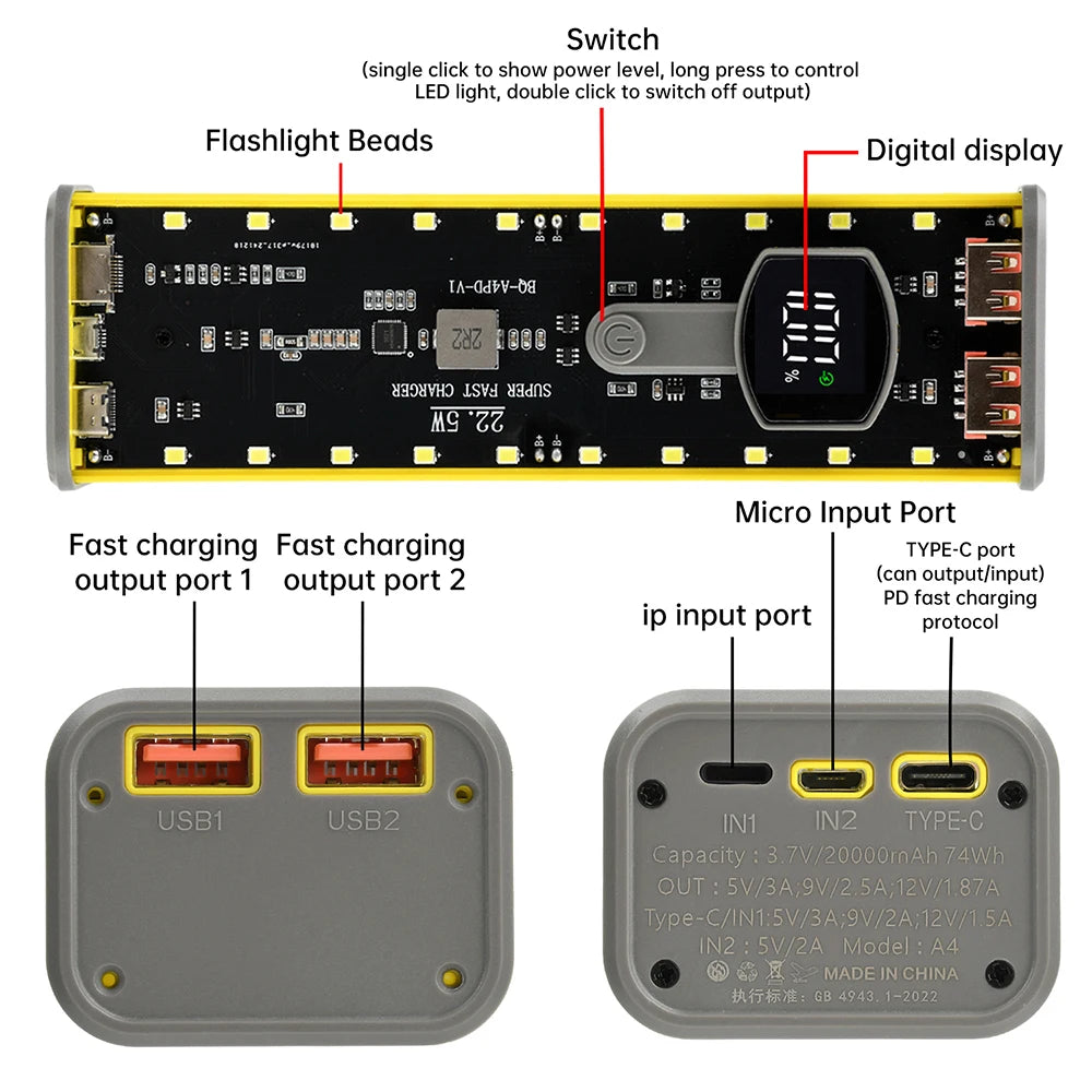 4*21700 DIY Power Bank Case PD22.5W Transparent Quick Charge Battery Box LED Screen Battery Case Kit With Light For Huawei