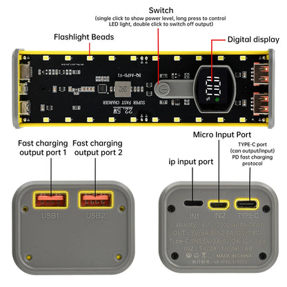 4*21700 DIY Power Bank Case PD22.5W Transparent Quick Charge Battery Box LED Screen Battery Case Kit With Light For Huawei