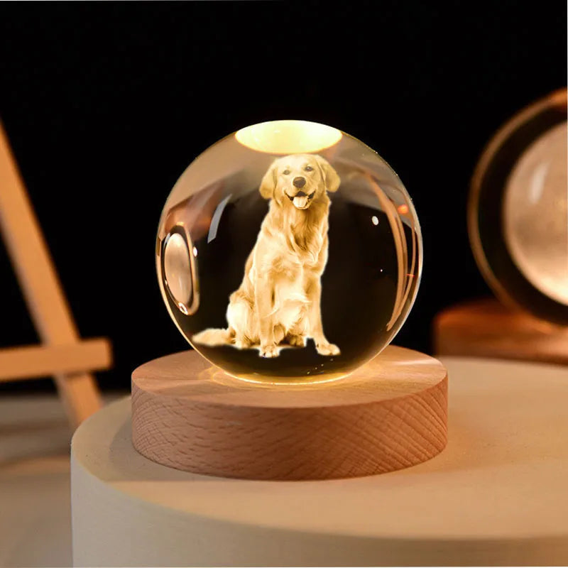 Personalized Custom Laser Engraved Crystal Ball Night Light Wooden Base Gift Commemorate Family and Important Days