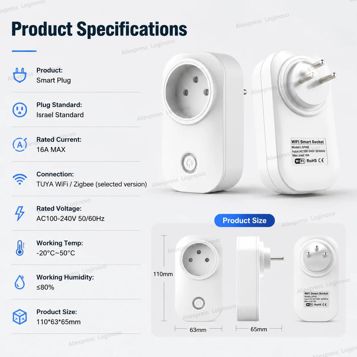 16A Tuya Smart Plug WiFi Zigbee Smart Socket Israel Plug With Energy Monitoring Timer Voice Control Alexa Google Smart Life APP