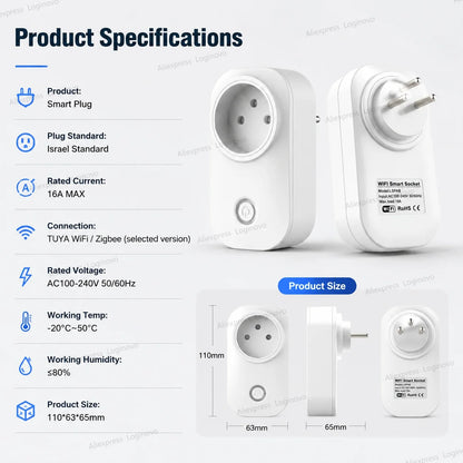16A Tuya Smart Plug WiFi Zigbee Smart Socket Israel Plug With Energy Monitoring Timer Voice Control Alexa Google Smart Life APP