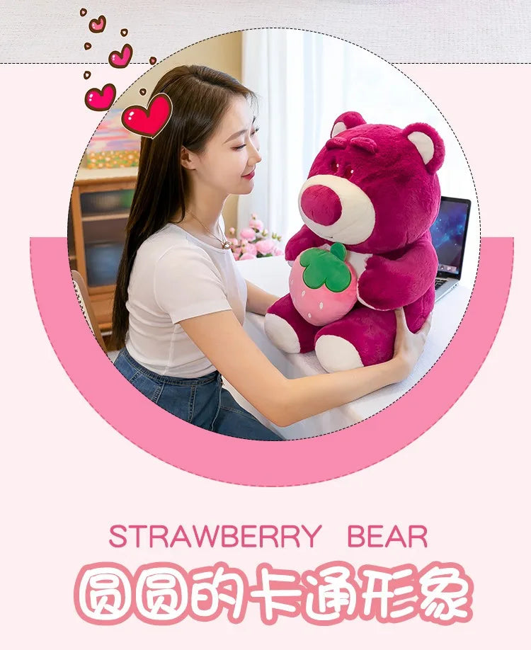 Disney Cute Hug Strawberry Bear Plush Toy Cartoon Anime Strawberry Bear Plush Doll Sleep Pillow Gift for Girlfriend's Birthday