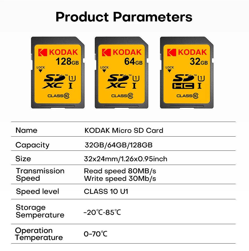 KODAK C10 SD Card C10 High Speed Flash Cards 32GB 64GB 128GB SDXC SDHC Class 10 Memory Card For DSLR Camera