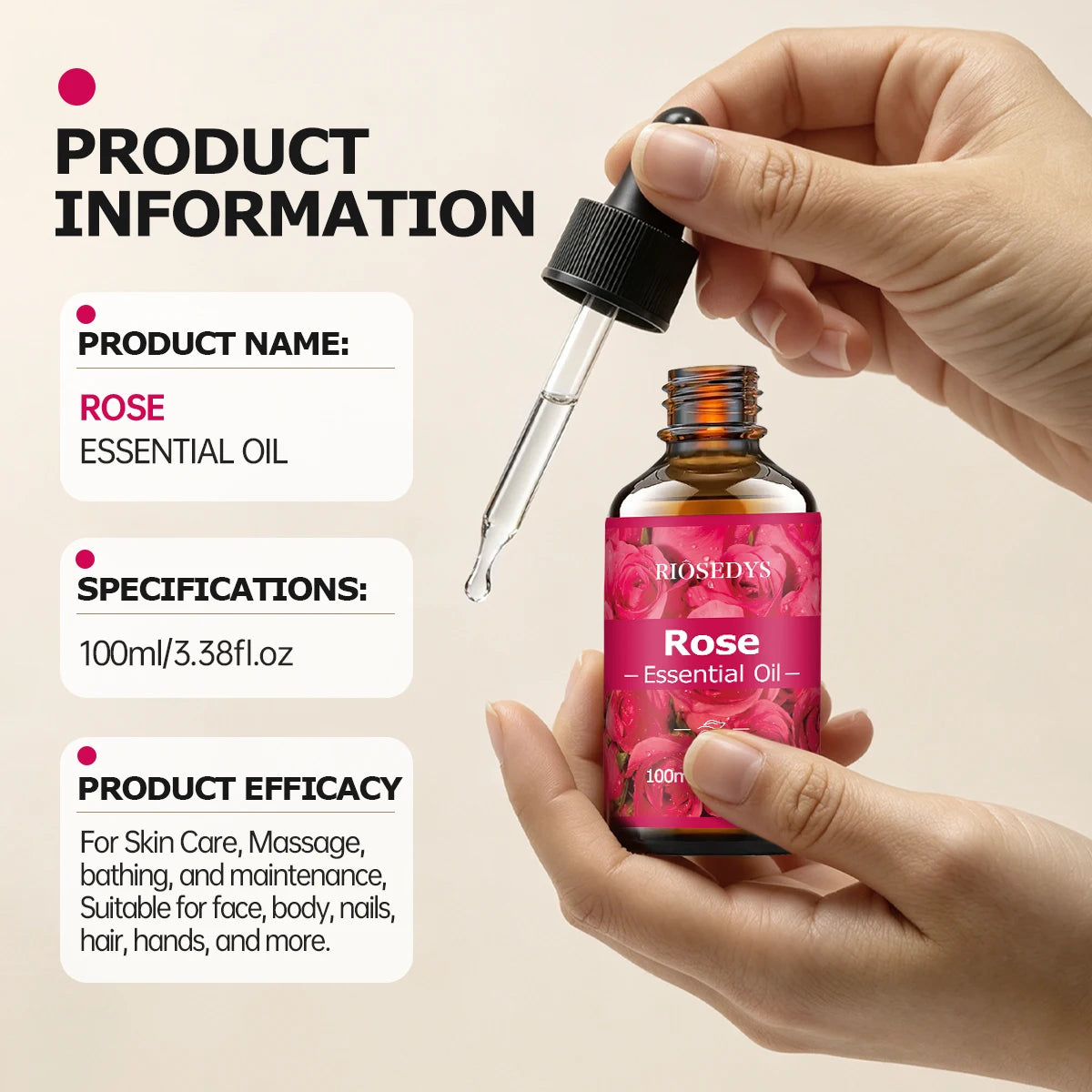 100ml ROSE ESSENTIAL OIL is a Suitable for massage and skincare, deeply nourishes and moisturizes, and improves skin condition.