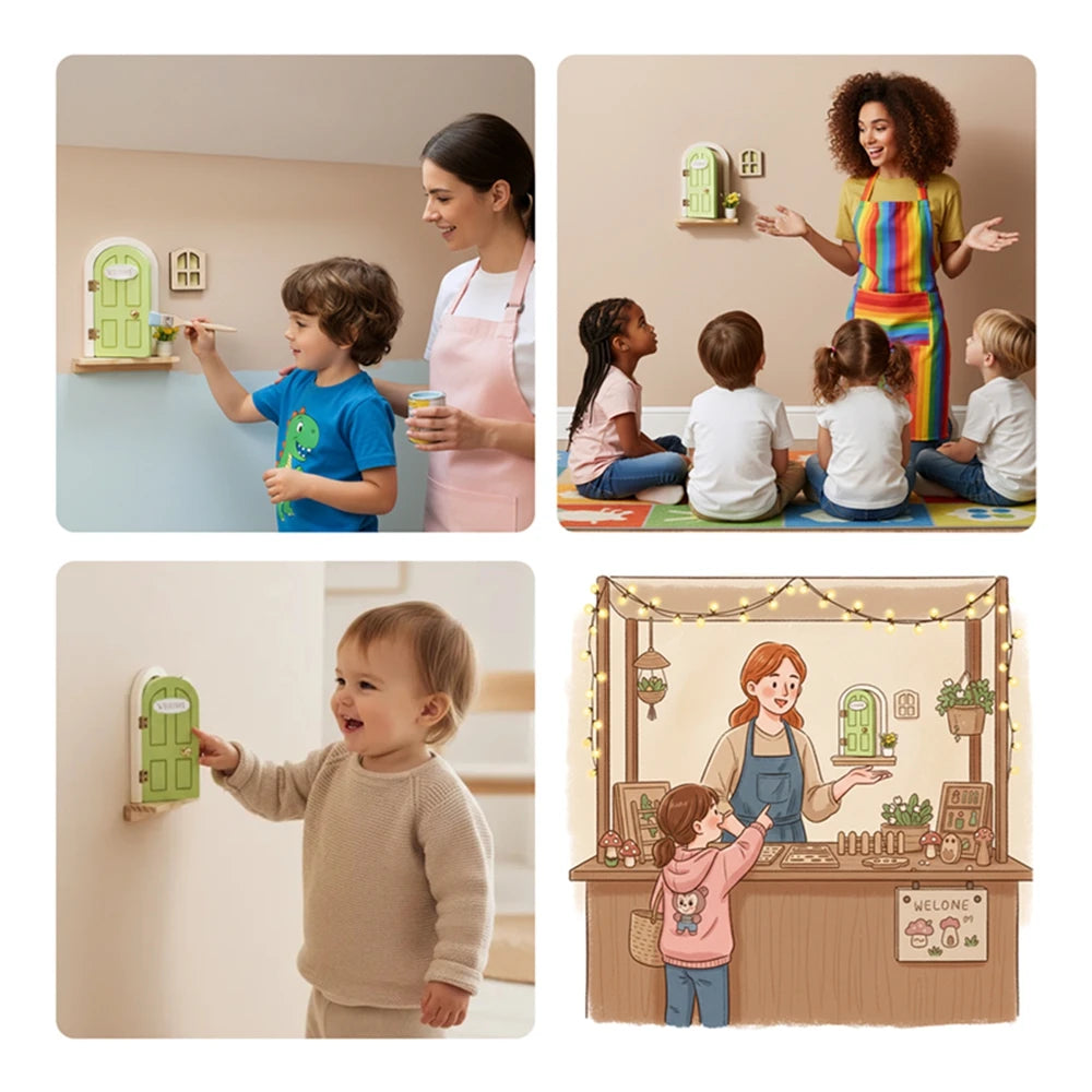 Wooden Elf Door Set Cartoon Room Decor Dollhouse Character Stickers Fairytale-Style Balcony Decor Hanging Ornaments Gift