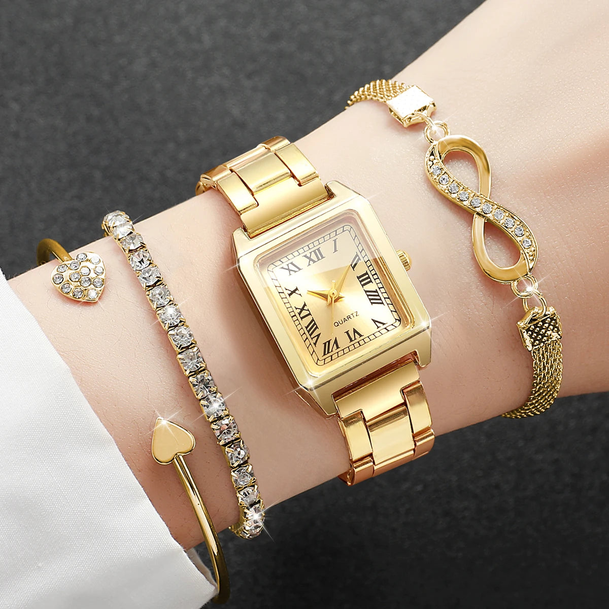 4PCS Elegant Women Square Roma Dial Quartz Watch Diamond Bracelets Set Luxury Alloy Strap Ladies Wristwatches (Without Box)