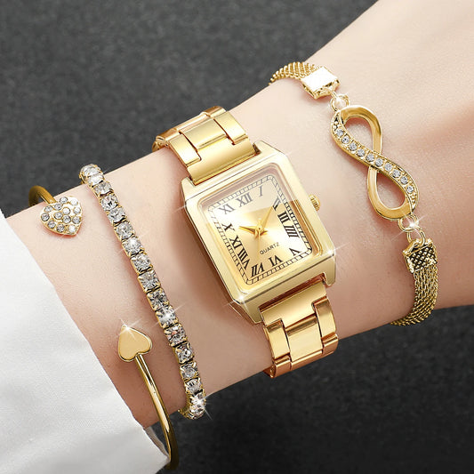 4PCS Elegant Women Square Roma Dial Quartz Watch Diamond Bracelets Set Luxury Alloy Strap Ladies Wristwatches (Without Box)