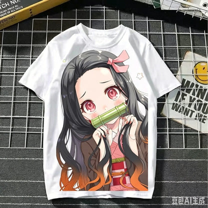 2026 Summer Demon Slayer Nezuko Cherry Blossom Butterfly Print Cotton T-Shirt Adult Kids Casual Loose Breathable Anime Tops Y2k