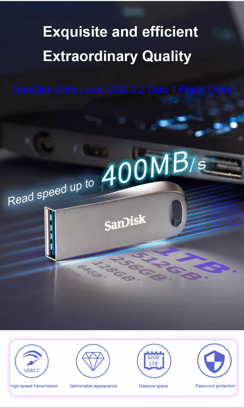 SanDisk 100% Oryginalny, Prawdziwy Ultra Luxe USB 3.2 Pendrive USB 32GB 64GB 128GB 256GB Pamięć Flash Full Metal Jacket