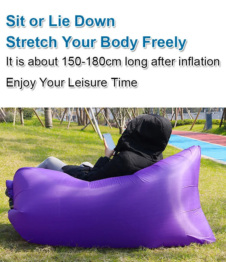 Portable Folding Single Air Sofa Outdoor Fast Inflatable Sofa Bed No Air Pump Required Beach Sleeping Bag Camping Picnic Partner