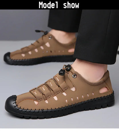 Men's Summer New Hollow out Breathable Leather Sandals Outdoor Anti-Slip Soft Bottom Casual Cover Toe Slip-On Shoes-8025