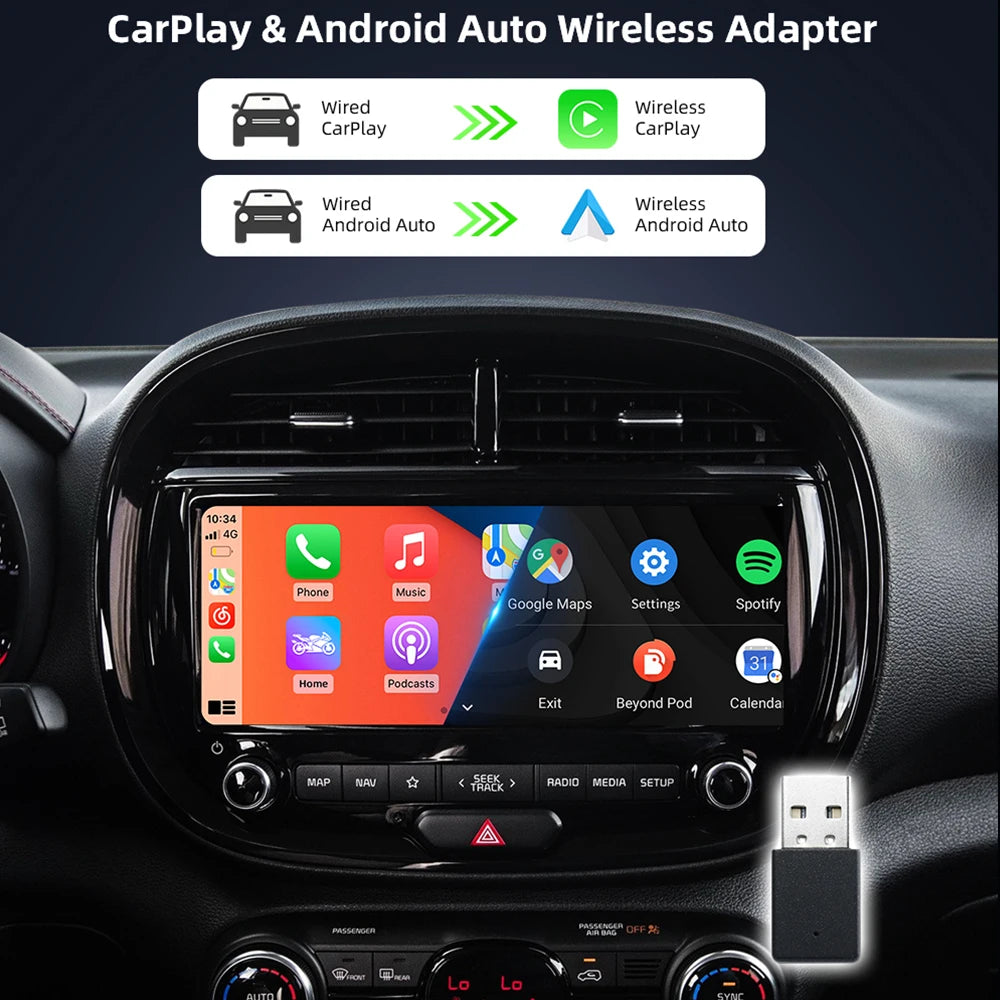 EKIY 2in1 Wireless CarPlay Adapter Wireless Android Auto Dongle AI Smart Box Car Intelligent Systems For Car With Wired CarPlay