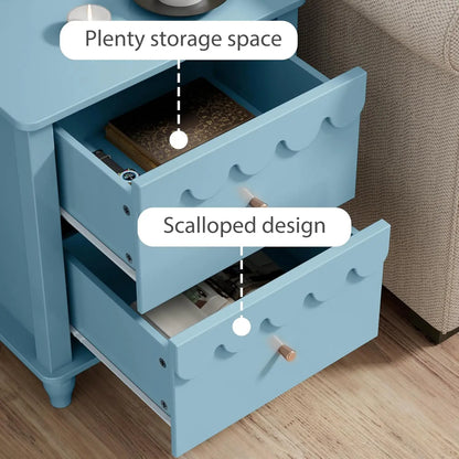 AZ Blue Kids Nightstand,Kids Bedside Table,Night Side Table,2 Drawers Night Stand,Scalloped End Tables Bedroom,Cute Nightstand