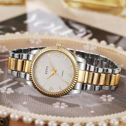 Fashion Trend Round Dial Alloy Material Women's Quartz Watch Jewelry 4 Piece Set, Suitable for Christmas and Thanksgiving Gifts