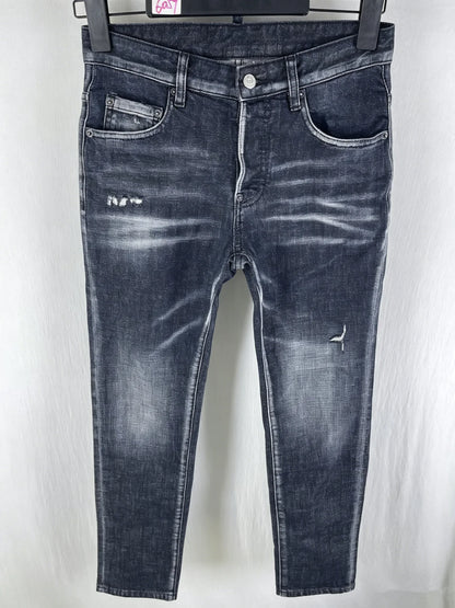 6057 Four Seasons New Men's Wear Washed Ripped Patch Paint Slim-fit Feet Blue Jeans for Men