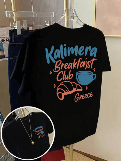Trendy Kalimera Letter Print T Shirt Women Double Sided Graphic Tee Summer Fashion Short Sleeve O-Neck Pullover Loose Fit Top