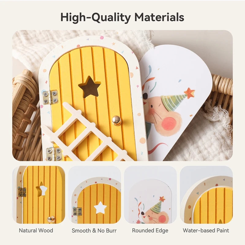 Wooden Elf Door Set Cartoon Room Decor Dollhouse Character Stickers Fairytale-Style Balcony Decor Hanging Ornaments Gift