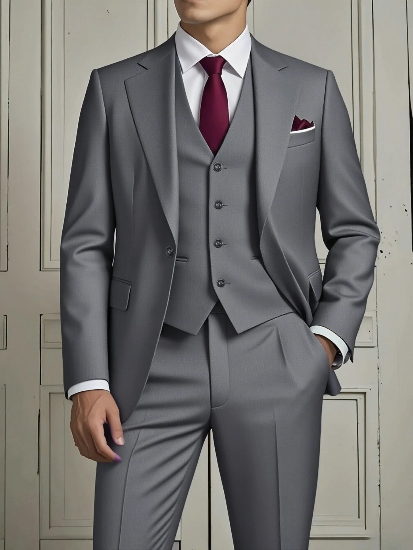 Men's Smart Casual 3-Piece Suit Single Breasted Solid Slim Fit Elegant Office Party Wedding Set