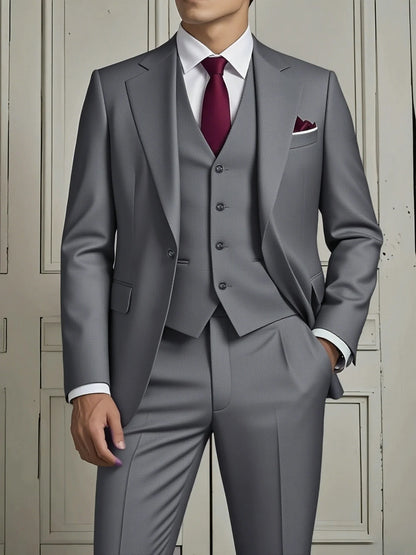 Men's Smart Casual 3-Piece Suit Single Breasted Solid Slim Fit Elegant Office Party Wedding Set