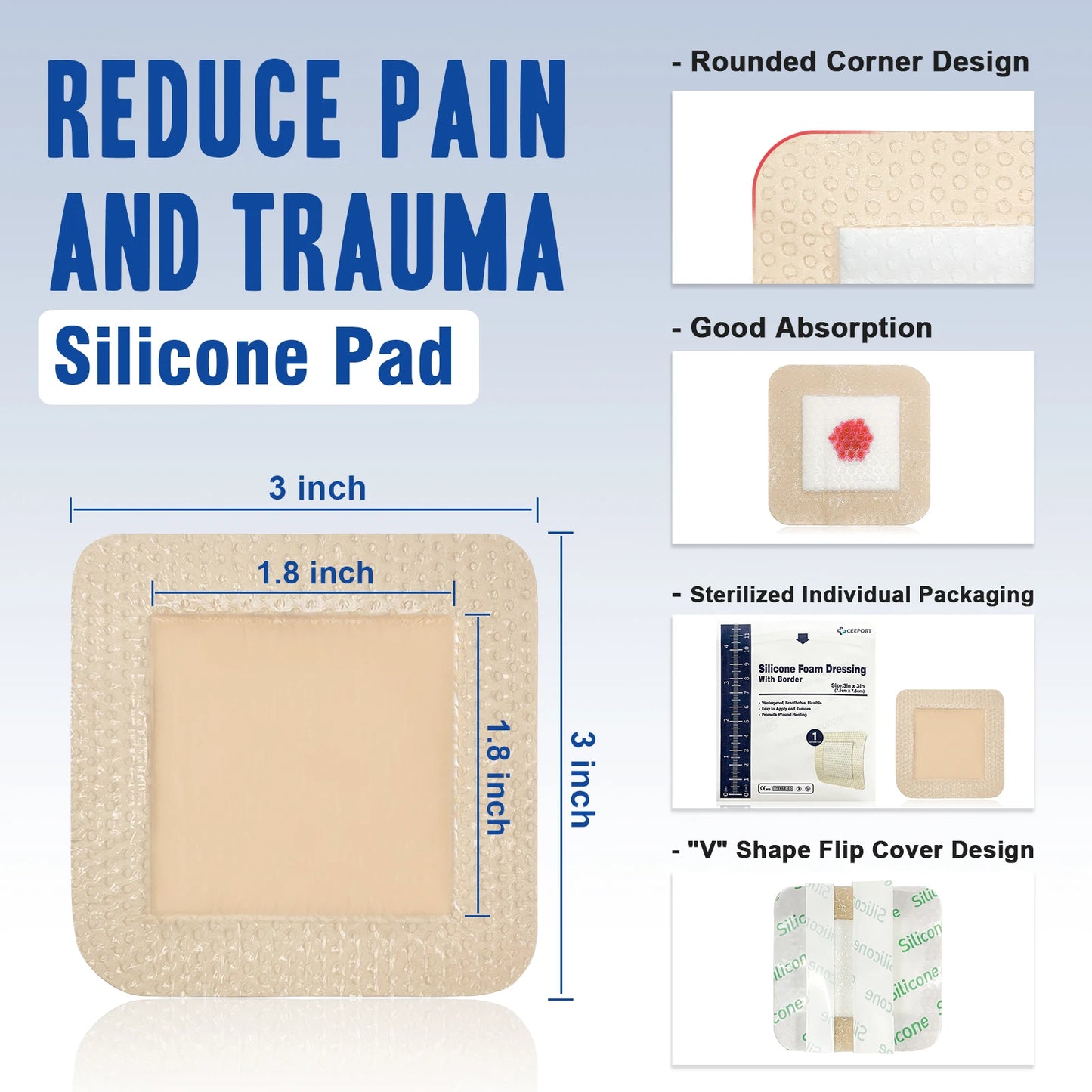 10pcs 3"x3"Silicone Foam Dressing Waterproof and High Absorbency Wound Bandage,Silicone Foam Border Pad for Wound Care