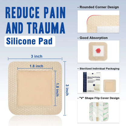 10pcs 3"x3"Silicone Foam Dressing Waterproof and High Absorbency Wound Bandage,Silicone Foam Border Pad for Wound Care